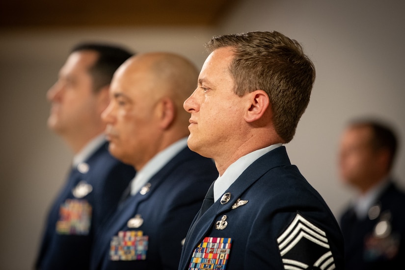 Chief Master Sgt. Blair Baerny prepares to assume the role of wing command chief for the 123rd Airlift Wing during a change-of-responsibility ceremony at the Kentucky Air National Guard Base in Louisville, Ky., April 13, 2025. Baerny replaces Chief Master Sgt. Steven Best, who was named state command chief for the Kentucky Air National Guard. (U.S. Air National Guard photo by Master Sgt. Joshua Horton)
