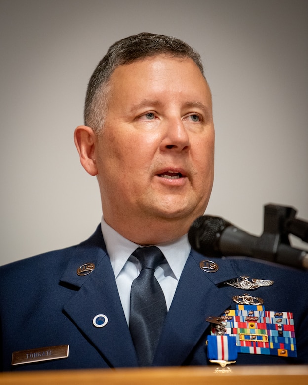 Chief Master Sgt. James Tongate, Kentucky Air National Guard state command chief, speaks during his retirement ceremony at the Kentucky Air National Guard Base in Louisville, Ky., April 13, 2025. Tongate served the U.S. military for 33 years. (U.S. Air National Guard photo by Master Sgt. Joshua Horton)