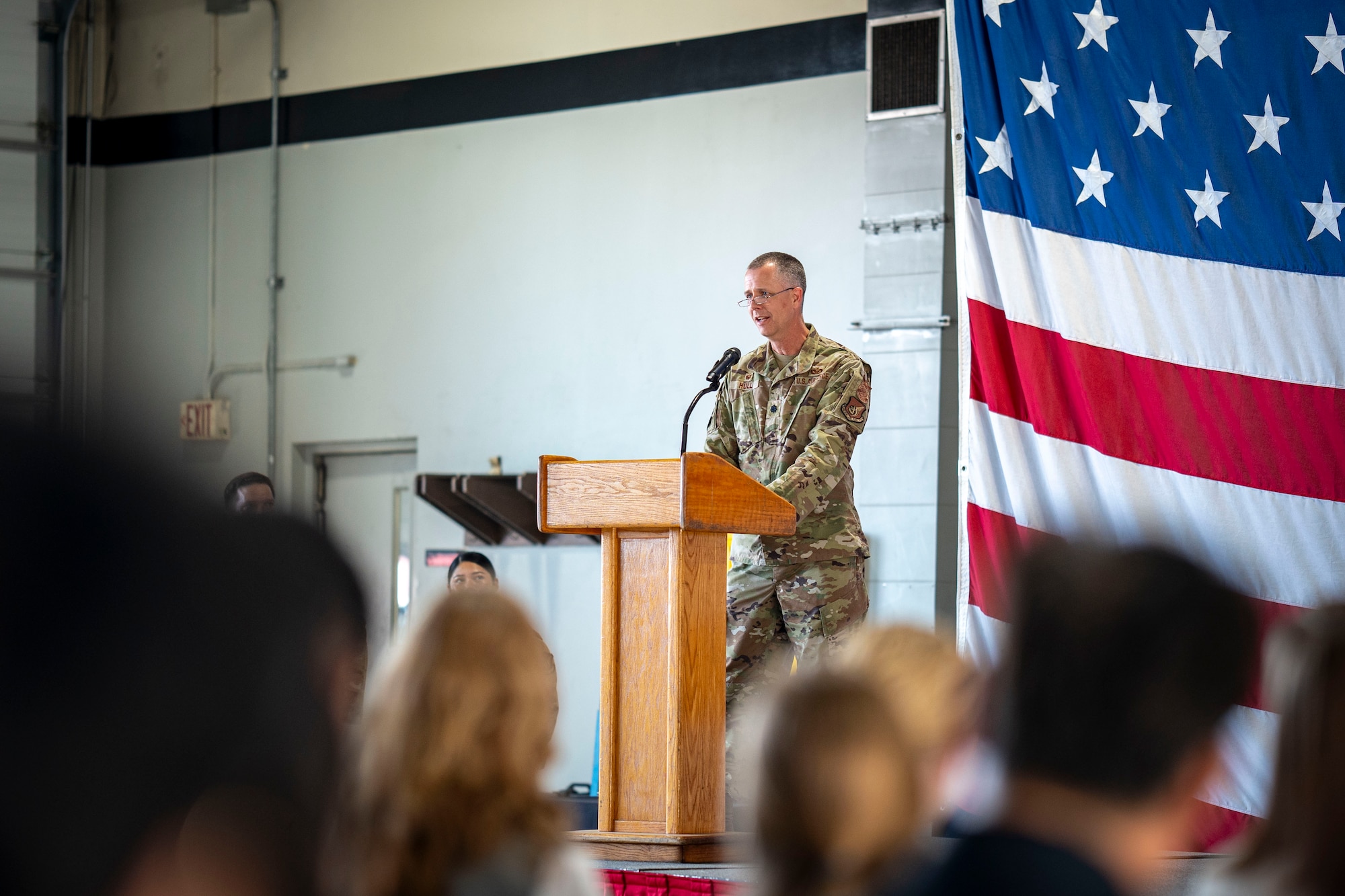 U.S. Air Force Lt. Col. Kirk Hull, incoming 51st Civil Engineering Squadron commander, delivers remarks during a Change of Command ceremony at Osan Air Base, Republic of Korea, June 30, 2025.