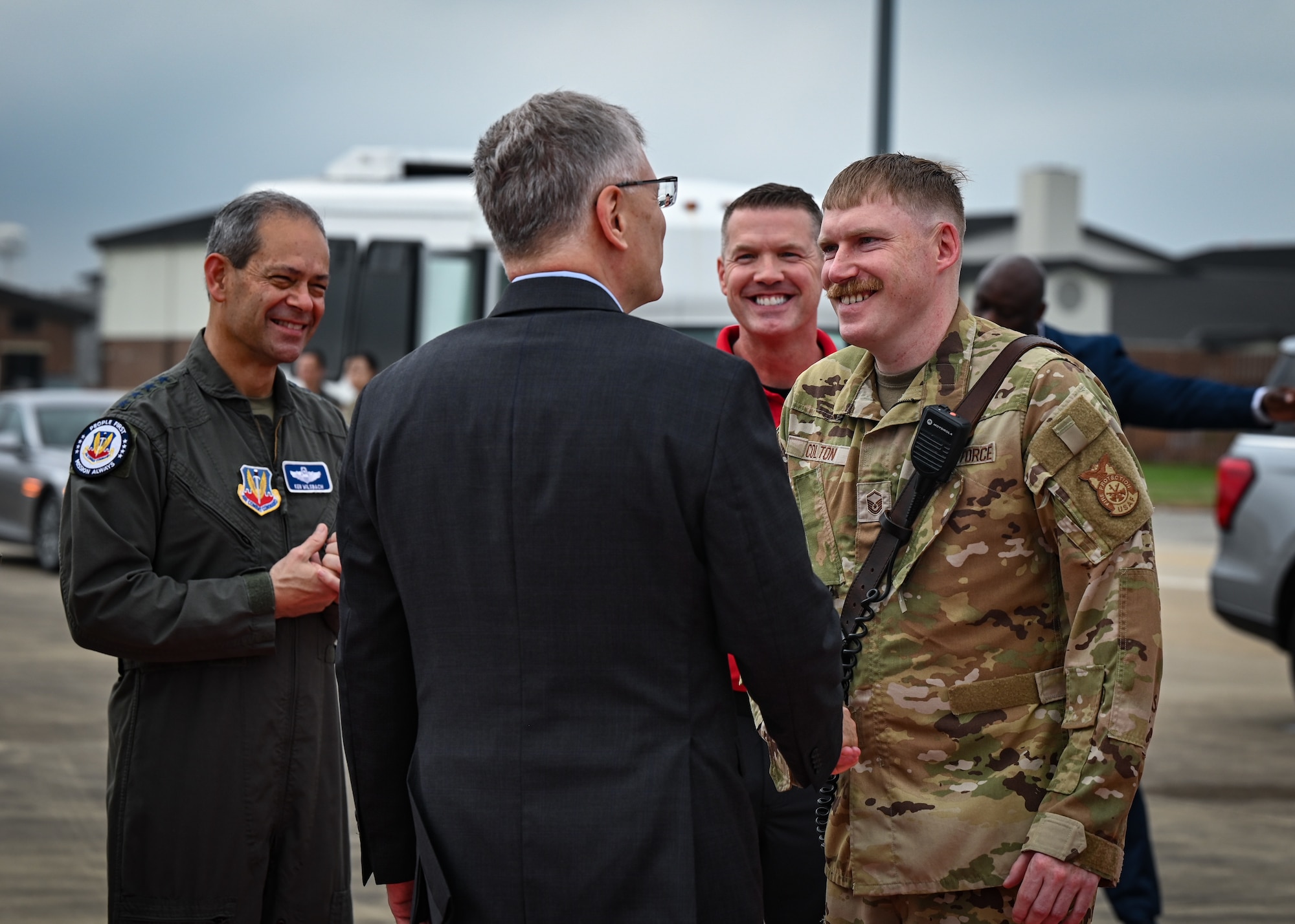 The Secretary of the Air Force speaks with Airmen on his Air Combat Command immersion tour.