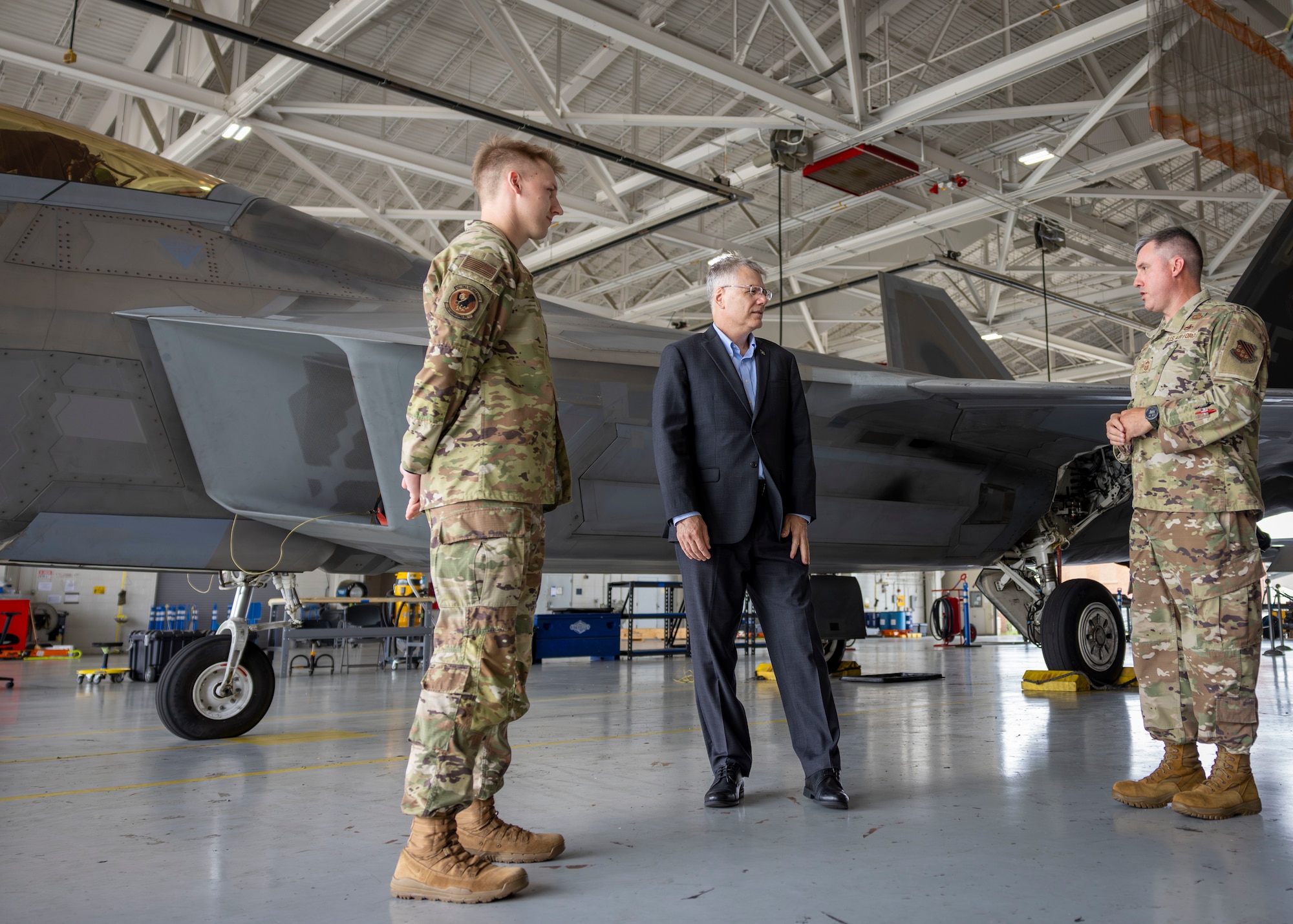 The Secretary of the Air Force speaks with Airmen on his Air Combat Command immersion tour.