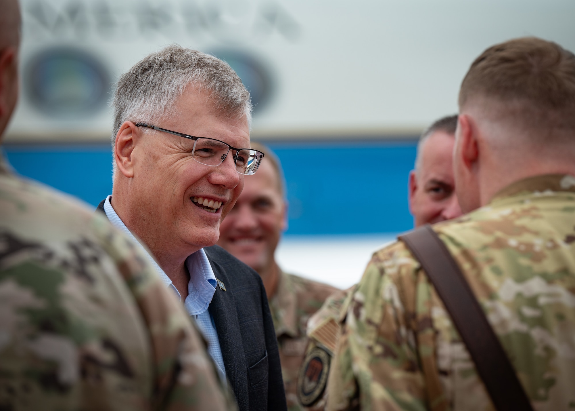 The Secretary of the Air Force speaks with Airmen on his Air Combat Command immersion tour.
