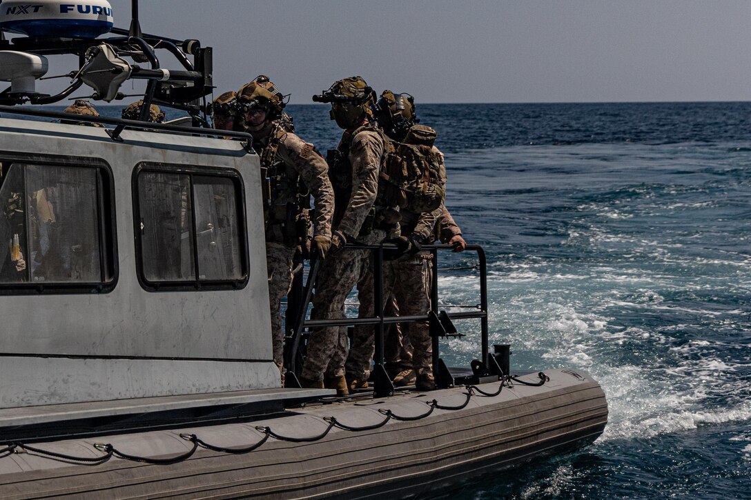 U.S. Marines with Maritime Special Purpose Force, 22nd Marine Expeditionary Unit (Special Operations Capable), depart for maritime interdiction operations from the U.S. Navy Wasp-class amphibious assault ship USS Iwo Jima (LHD 7), in support of Composite Training Unit Exercise while underway in the Atlantic Ocean, June 26, 2025. During COMPTUEX, the IWO ARG and 22nd MEU(SOC), refine tactics, techniques, and procedures to execute warfighting functions that enhance operational readiness and lethality as a unified IWOARG/22 MEU(SOC) team. (U.S. Marine Corps photo by Cpl. Emily Hazelbaker)