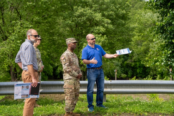 USACE Louisville District Project Manager Jacob Sinkhorn shows USACE Deputy Commanding General for Civil and Emergency Operations Maj. Gen. Jason Kelly the study area on a visit to Beattyville, Kentucky, May 13, 2025.