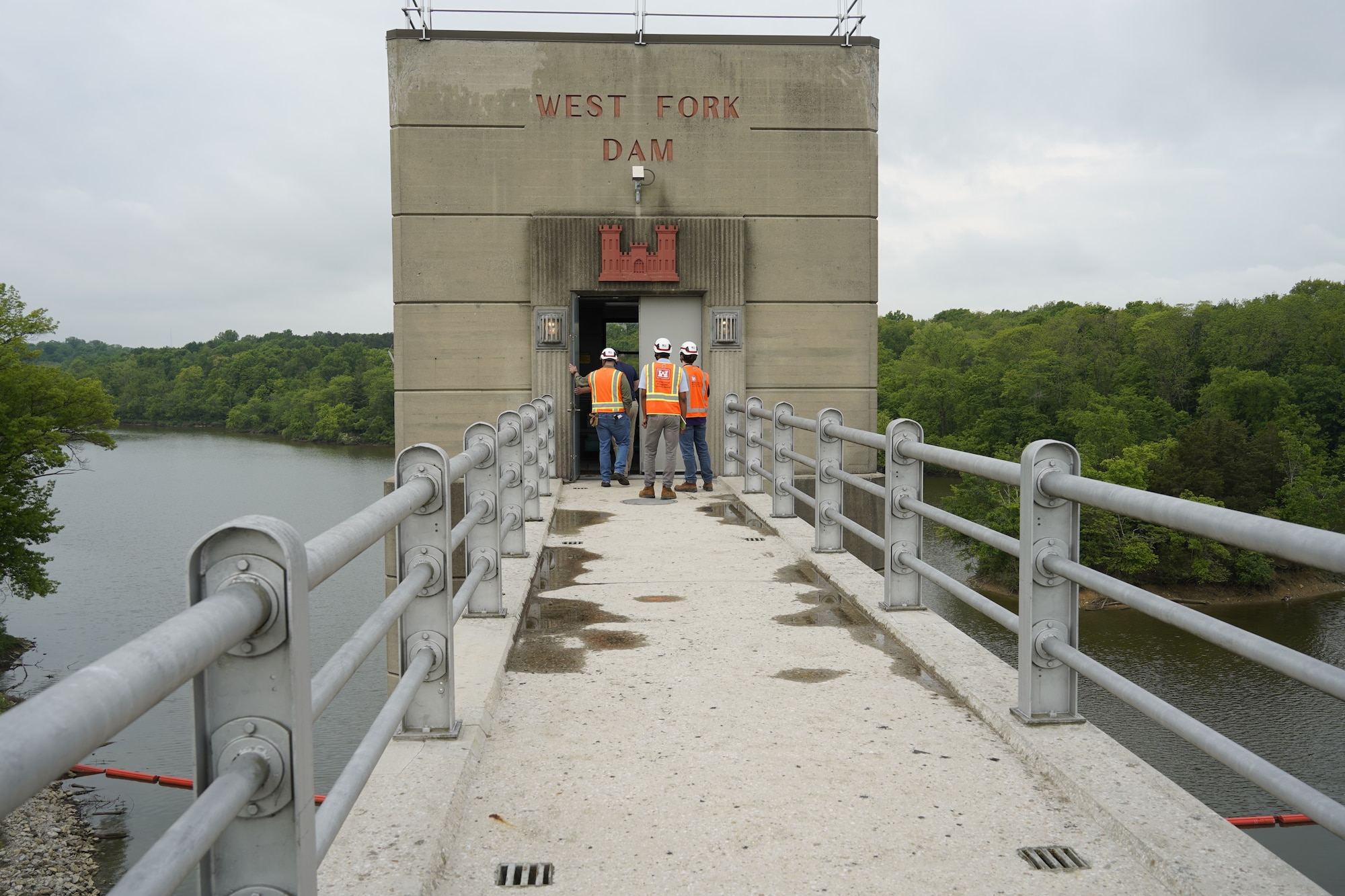 Engineers from USACE Louisville District enter the control tower at West Fork Lake in Cincinnati, Ohio, as part of a dam safety periodic inspection, May 14, 2025.