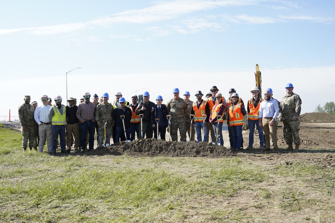 Team members from the U.S. Army Corps of Engineers Louisville District join representatives from Grissom Air Reserve Base, 434th Logistics Readiness Squadron and the construction contractor for a groundbreaking event celebrating the new Logistics Readiness Complex, May 8.