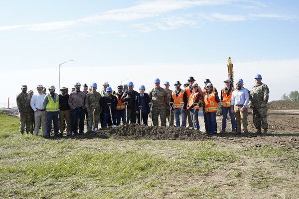 Team members from the U.S. Army Corps of Engineers Louisville District join representatives from Grissom Air Reserve Base, 434th Logistics Readiness Squadron and the construction contractor for a groundbreaking event celebrating the new Logistics Readiness Complex, May 8.