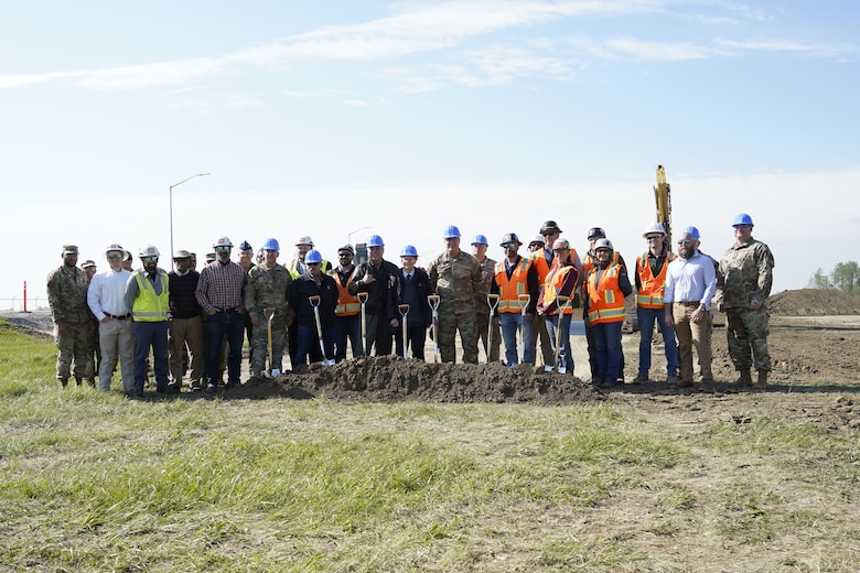 Team members from the U.S. Army Corps of Engineers Louisville District join representatives from Grissom Air Reserve Base, 434th Logistics Readiness Squadron and the construction contractor for a groundbreaking event celebrating the new Logistics Readiness Complex, May 8.