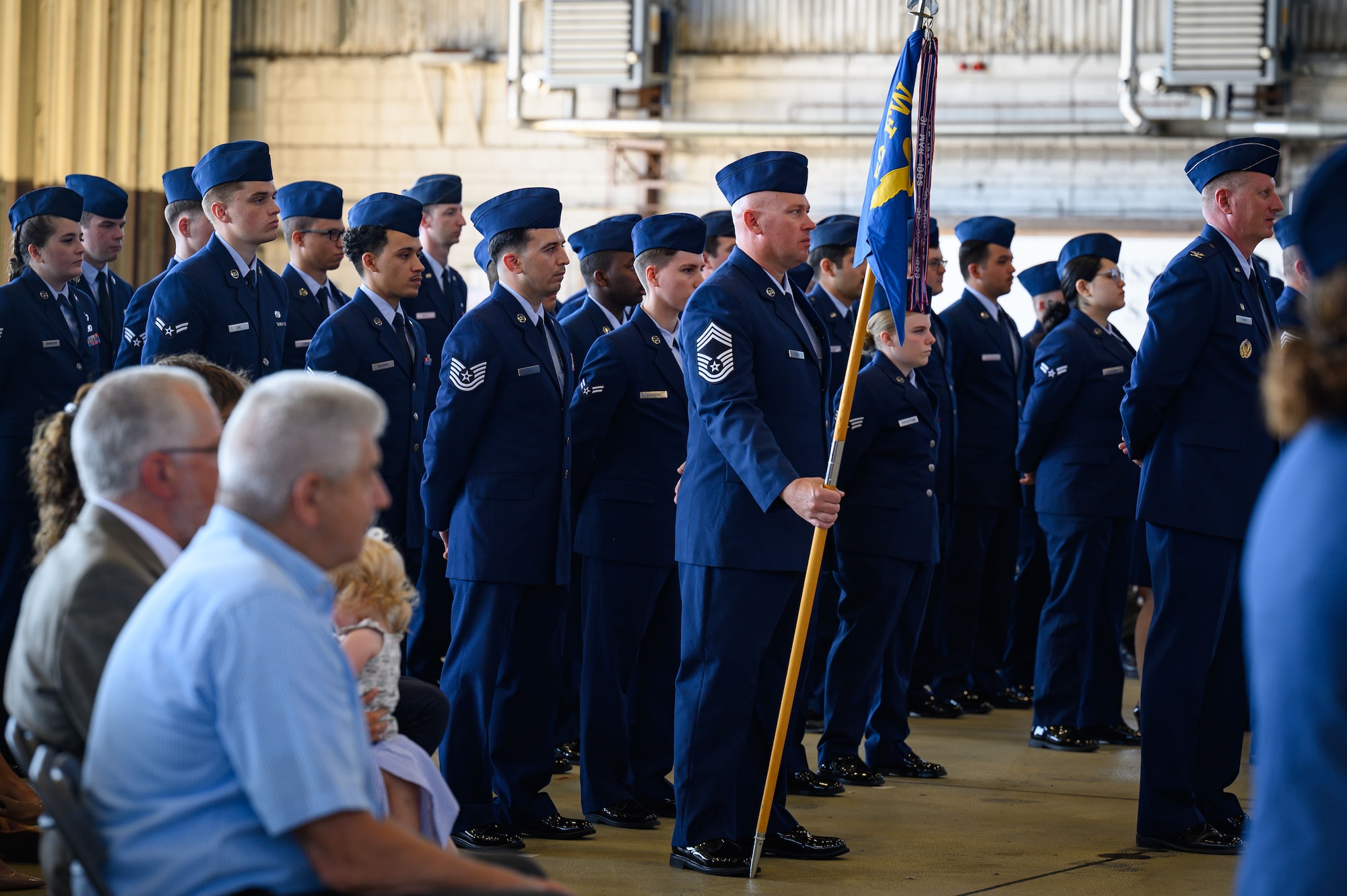 U.S. Airmen assigned to the 52nd Fighter Wing stand in formation during a change of command ceremony.