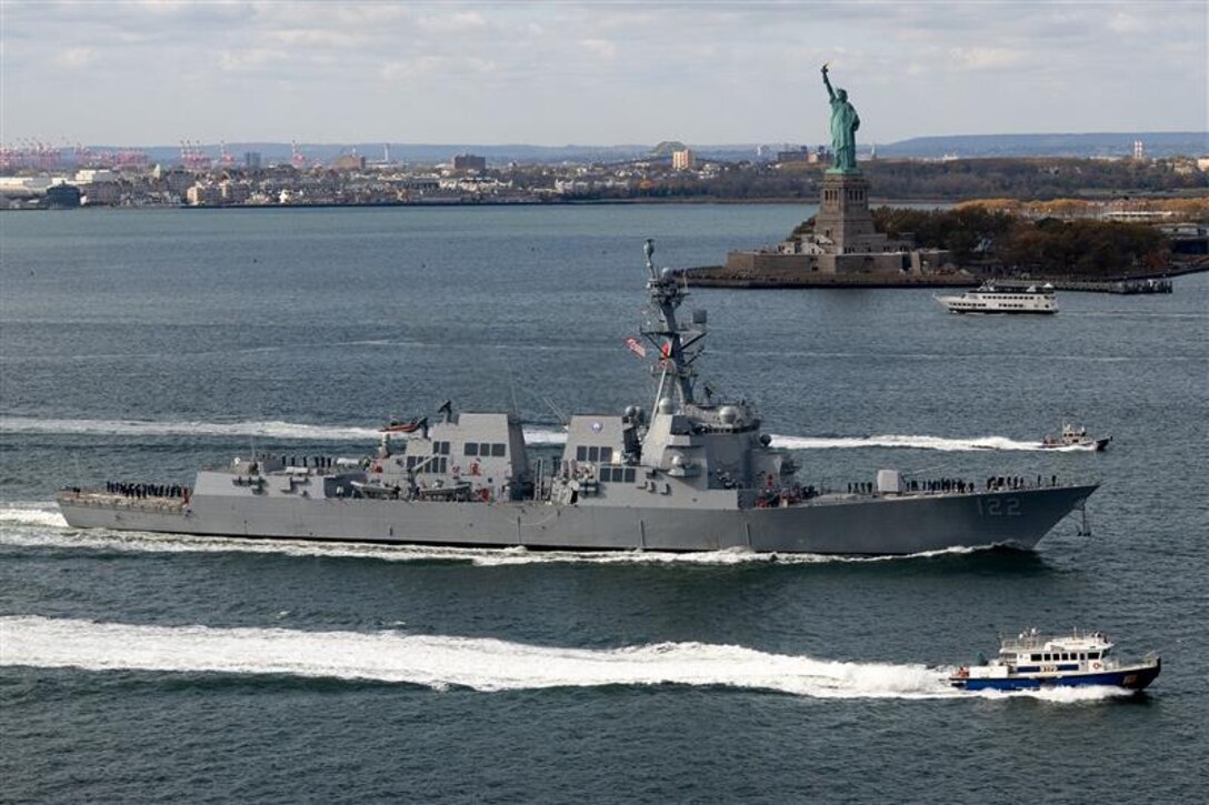 NEW YORK CITY, New York – As a direct result of Bob Nees’ efforts, the crew of the Navy’s newest Arleigh Burke-class guided-missile destroyer USS John Basilone (DDG 122) was able to sail past the Statue of Liberty for its commissioning ceremony week in New York City Nov. 4, 2024. (EJ Hersom/DoD photo)