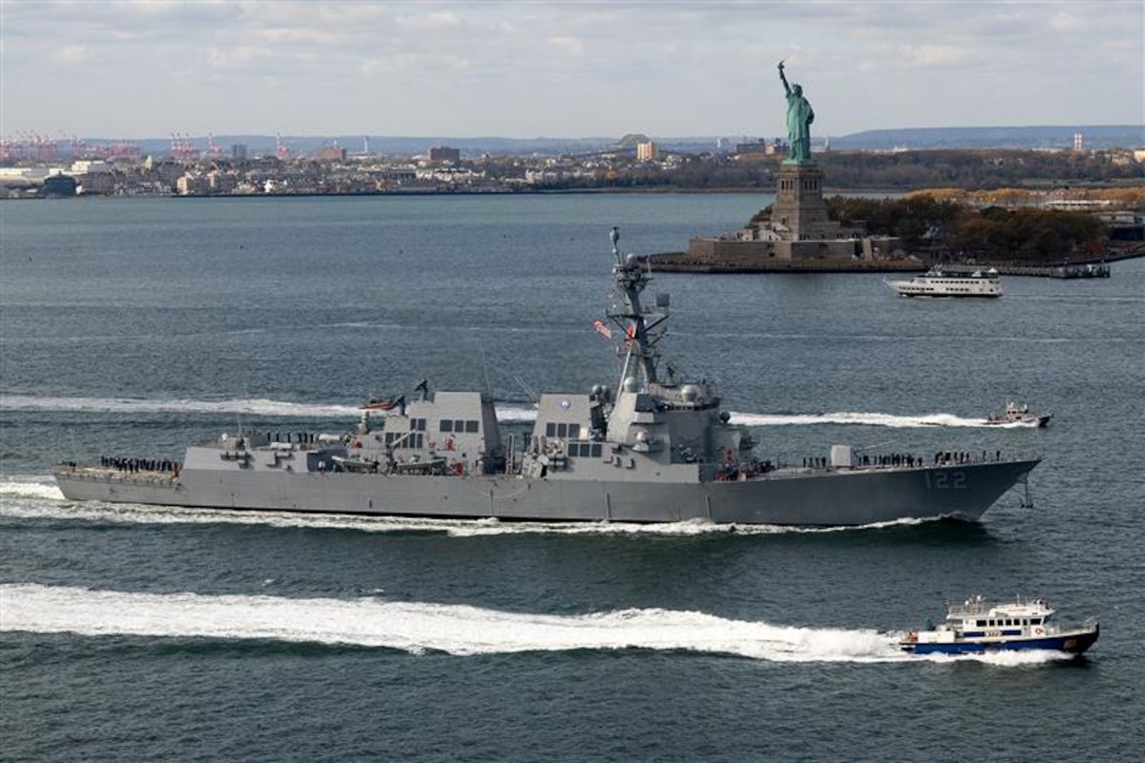 NEW YORK CITY, New York – As a direct result of Bob Nees’ efforts, the crew of the Navy’s newest Arleigh Burke-class guided-missile destroyer USS John Basilone (DDG 122) was able to sail past the Statue of Liberty for its commissioning ceremony week in New York City Nov. 4, 2024. (EJ Hersom/DoD photo)