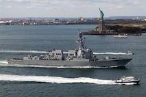 NEW YORK CITY, New York – As a direct result of Bob Nees’ efforts, the crew of the Navy’s newest Arleigh Burke-class guided-missile destroyer USS John Basilone (DDG 122) was able to sail past the Statue of Liberty for its commissioning ceremony week in New York City Nov. 4, 2024. (EJ Hersom/DoD photo)