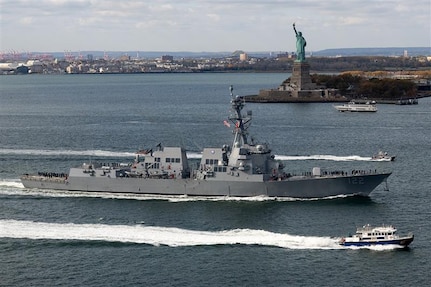NEW YORK CITY, New York – As a direct result of Bob Nees’ efforts, the crew of the Navy’s newest Arleigh Burke-class guided-missile destroyer USS John Basilone (DDG 122) was able to sail past the Statue of Liberty for its commissioning ceremony week in New York City Nov. 4, 2024. (EJ Hersom/DoD photo)