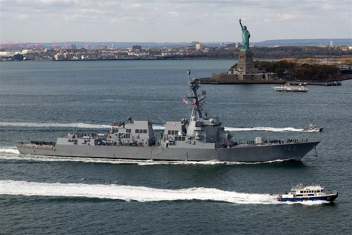 NEW YORK CITY, New York – As a direct result of Bob Nees’ efforts, the crew of the Navy’s newest Arleigh Burke-class guided-missile destroyer USS John Basilone (DDG 122) was able to sail past the Statue of Liberty for its commissioning ceremony week in New York City Nov. 4, 2024. (EJ Hersom/DoD photo)