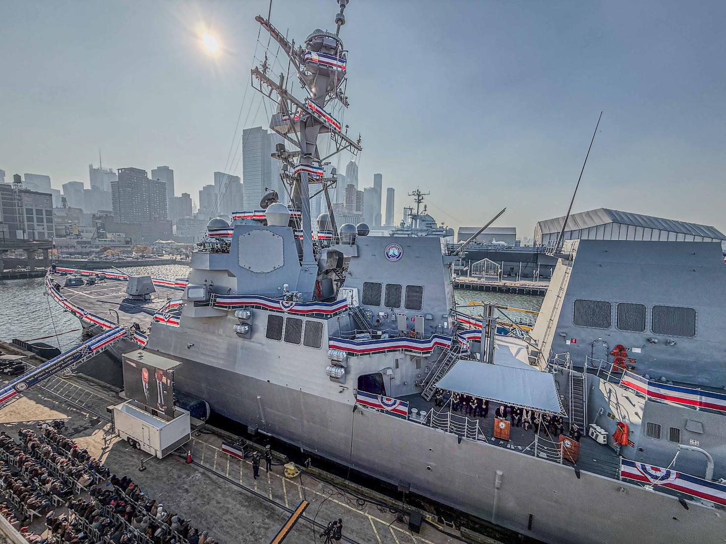 NEW YORK CITY, New York – The crew of the Navy’s newest Arleigh Burke-class guided-missile destroyer, USS John Basilone (DDG 122), “manned the ship and brought her to life” during a commissioning ceremony held in New York, Nov. 9, 2024. Bob Nees, the engineering manager for Surface Warfare Systems for Electromagnetic Environmental Effects Technical Warrant Holder at Naval Surface Warfare Center Dahlgren Division, helped develop a solution to address an electromagnetic interference issue before the Navy could accept the Basilone. (Mass Communication Specialist 2nd Class Theoplis Stewart II/U.S. Navy photo)