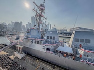 NEW YORK CITY, New York – The crew of the Navy’s newest Arleigh Burke-class guided-missile destroyer, USS John Basilone (DDG 122), “manned the ship and brought her to life” during a commissioning ceremony held in New York, Nov. 9, 2024. Bob Nees, the engineering manager for Surface Warfare Systems for Electromagnetic Environmental Effects Technical Warrant Holder at Naval Surface Warfare Center Dahlgren Division, helped develop a solution to address an electromagnetic interference issue before the Navy could accept the Basilone. (Mass Communication Specialist 2nd Class Theoplis Stewart II/U.S. Navy photo)