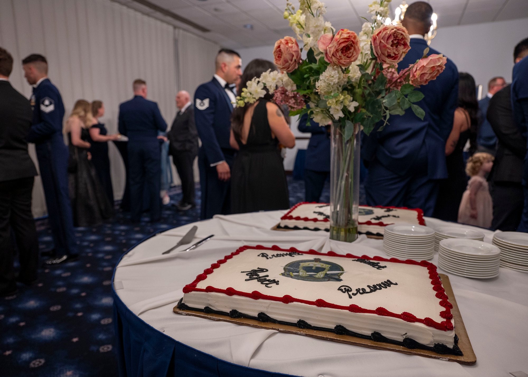 photo of a cake on a table in the foreground and Air Force Honor Guard members and family socializing in the background