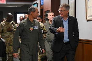 The Secretary of the Air Force speaks with Airmen on his Air Combat Command immersion tour.