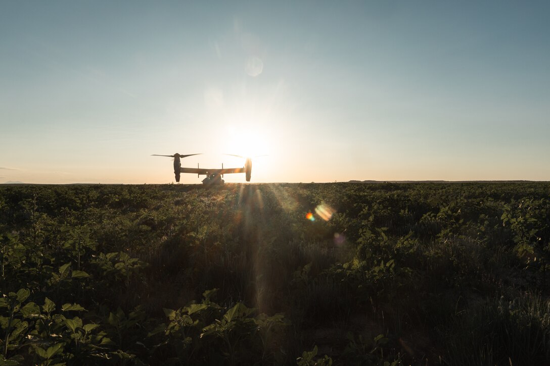A U.S. Marine Corps MV-22 Osprey aircraft with Marine Medium Tiltrotor Squadron 261 (VMM-261) prepares to depart from a landing zone during a confined area landing flight near Trinidad, Colorado, June 18, 2025. As the air combat element of the Special Purpose Marine Air-Ground Task Force – Alert Contingency MAGTF (SPMAGTF-ACM), VMM-261 conducted a deployment for training to increase the squadron’s proficiency in high altitude aviation operations and improve overall combat readiness for any potential MAGTF missions. (U.S. Marine Corps photo by Cpl. Osmar VasquezHernandez)