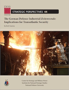 "The German Defense-Industrial Zeitenwende: Implications for Transatlantic Security" by Brett Swaney, part of the Strategic Perspectives series (number 44) from the Institute for National Strategic Studies (INSS). The top section features the INSS logo and publication details. Below, a dramatic image shows industrial workers in heat-resistant suits working near a large foundry furnace with molten metal and sparks flying. The bottom includes the seal of the National Defense University and credits the INSS Center for Strategy and Military Power.