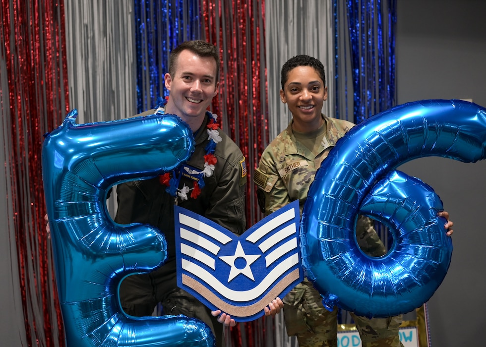 U.S. Tech. Sgt. select Aaron Carl Schmidt, 316th Training Squadron and his wife, Tech. Sgt. Niheera Gaither pose for a picture following the 2025 Tech Sgt. release Party at the Powell Event Center, Goodfellow Air Force Base, Texas, on June 27. With a 25.62% selection rate, this year’s release highlights the competitive nature of the technical sergeant promotion cycle. (U.S. Air Force photo by Senior Airman Evelyn J. D’Errico)