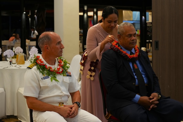 NUKU’ALOFA, Tonga (June 27, 2025) U.S. Navy Capt. Mark B. Stefanik, left, mission commander of Pacific Partnership 2025 (PP-25), and Tongan Capt. Sione Ulakai, the Deputy Chief of Defense Staff of His Majesty’s Armed Forces, participate in a closing ceremony at the Tanoa International Dateline Hotel as part of PP-25 in Nuku’Alofa, Tonga, June 27, 2025. Now in its 21st iteration, the Pacific Partnership series is the largest annual multinational humanitarian assistance and disaster management preparedness mission conducted in the Indo-Pacific. Pacific Partnership works collaboratively with host and partner nations to enhance regional interoperability and disaster response capabilities, increase security and stability in the region, and foster new and enduring friendships in the Indo-Pacific. (U.S. Navy photo by Mass Communication Specialist 2nd Class Moises Sandoval/Released)