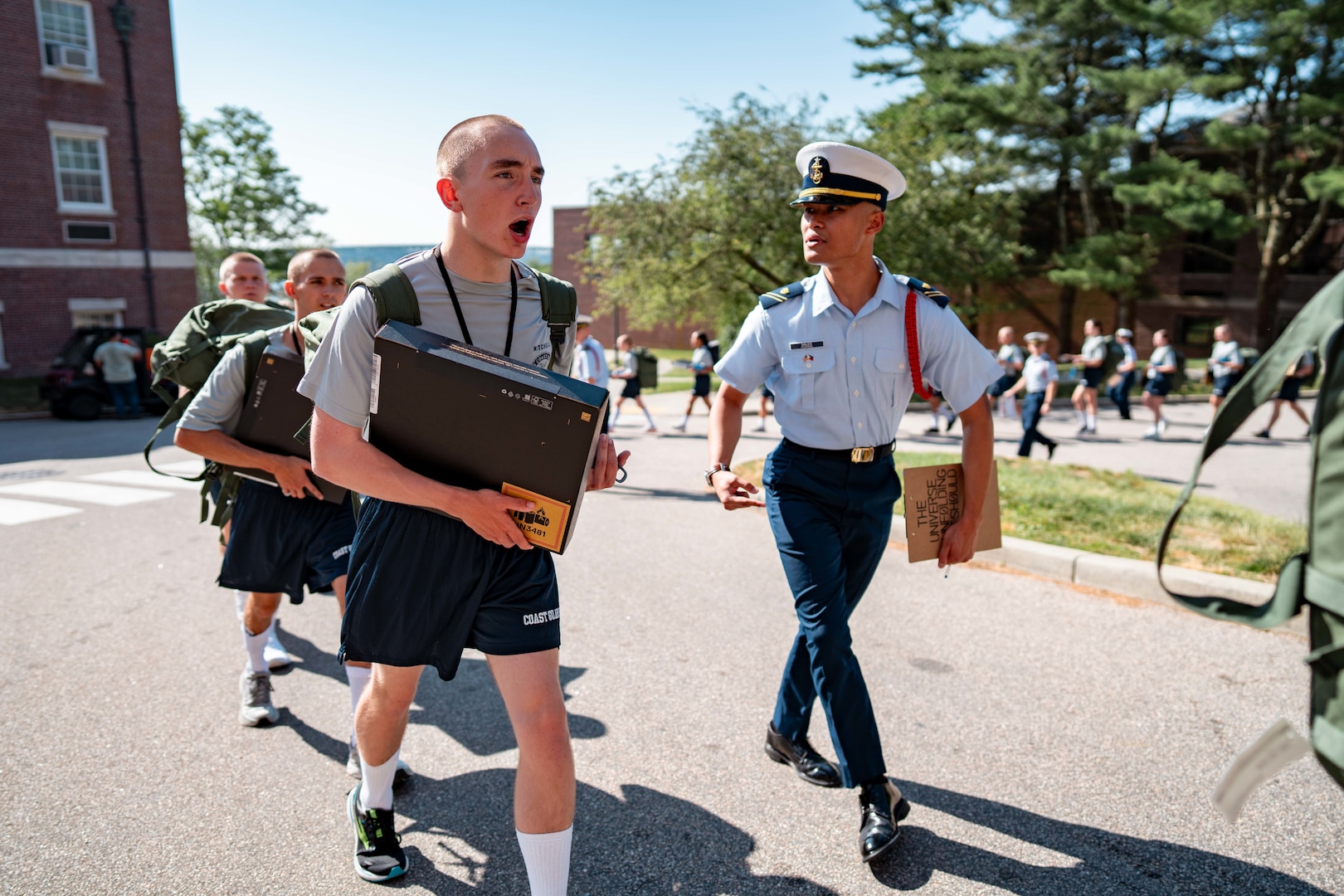 U.S. Coast Guard Academy (USCGA) cadet cadre give orders to the incoming Class of 2029 during Day One at USCGA, New London, Connecticut, June 30, 2025. Day One marks the start of Swab Summer, an intensive seven-week program that prepares students for military and Academy life. (U.S. Coast Guard photo by Petty Officer 3rd Class Matt Thieme)