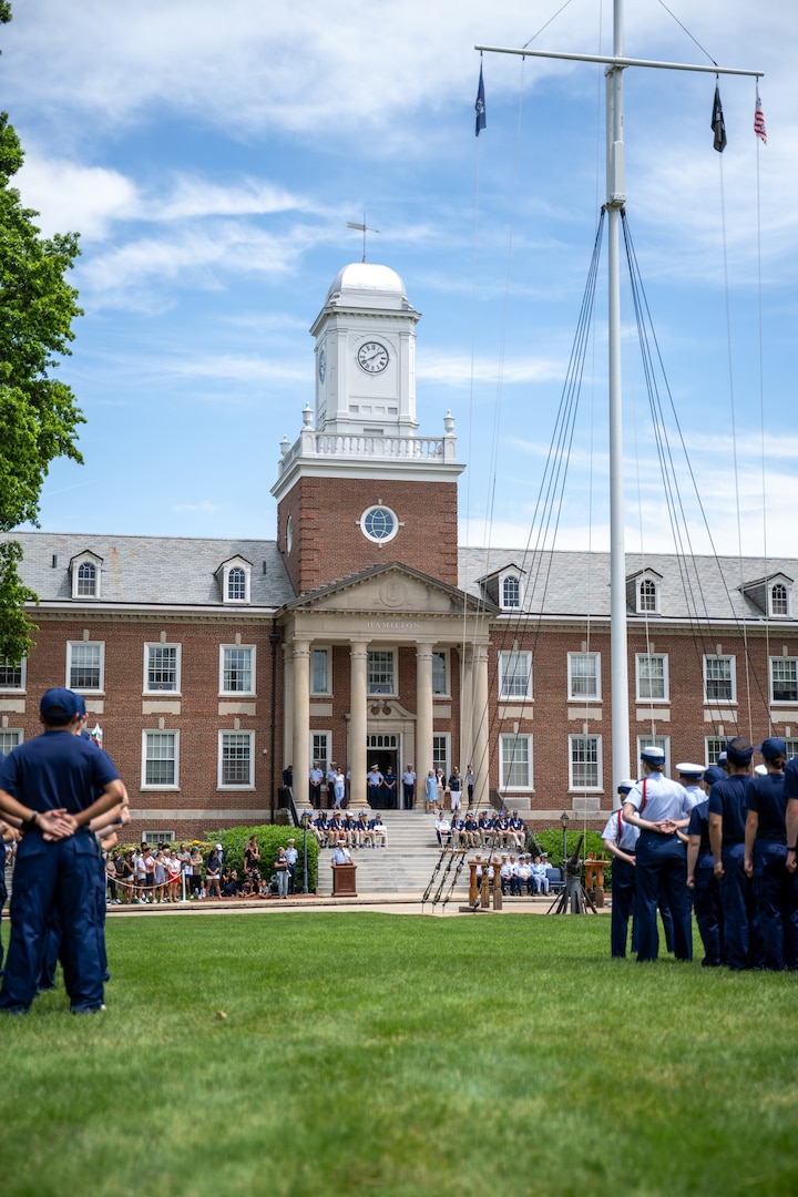 U.S. Coast Guard Academy (USCGA) swabs swear in as part of Day One at USCGA, New London, Connecticut, June 30, 2025. This ceremony marks their official entrance into the seven-week training program which will prepare them for becoming cadets. (U.S. Coast Guard photo by Petty Officer Third Class Leo Avila.)