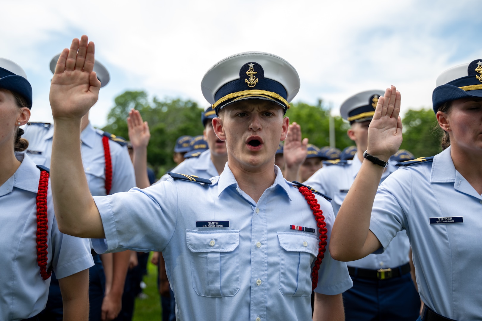 US. Coast Guard Academy (USCGA) cadet cadre swear to uphold a high quality of leadership as part of Day One at USCGA, New London, Connecticut, June 30, 2025. This ceremony marks their official entrance into the seven-week training program which will prepare them for becoming cadets. (U.S. Coast Guard photo by Petty Officer Third Class Leo Avila.)