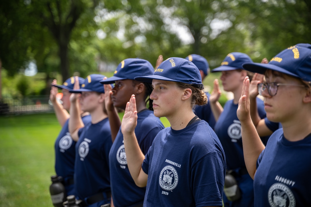 U.S. Coast Guard Academy (USCGA) swabs swear in as part of Day One at USCGA, New London, Connecticut, June 30, 2025. This ceremony marks their official entrance into the seven-week training program which will prepare them for becoming cadets. (U.S. Coast Guard photo by Petty Officer Third Class Leo Avila.)