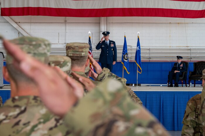 Members of the 492nd Special Operations Wing render a final salute to U.S. Air Force Col. Patrick Wnetrzak, outgoing 492nd SOW commander at a change of command ceremony at Hurlburt Field, Florida, June 27, 2025.