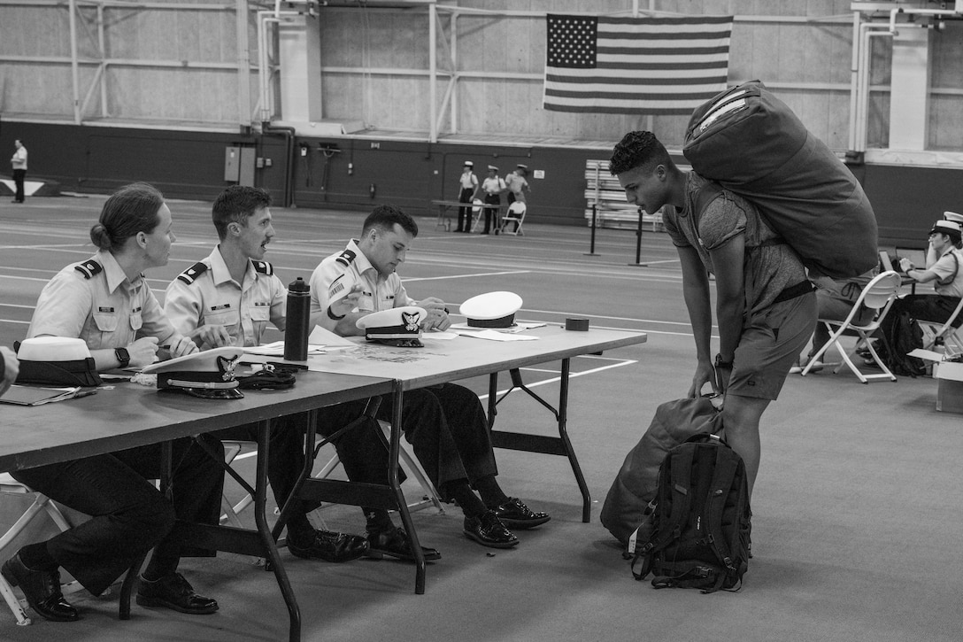 U.S. Coast Guard Academy (USCGA) Class of 2029  check in during Day One at USCGA, New London, Connecticut, June 30, 2025. Day One is the start of Swab Summer, an intensive seven-week program that transforms swabs into cadets. (U.S. Coast Guard photo by Petty Officer Second Class Janessa Warschkow.)