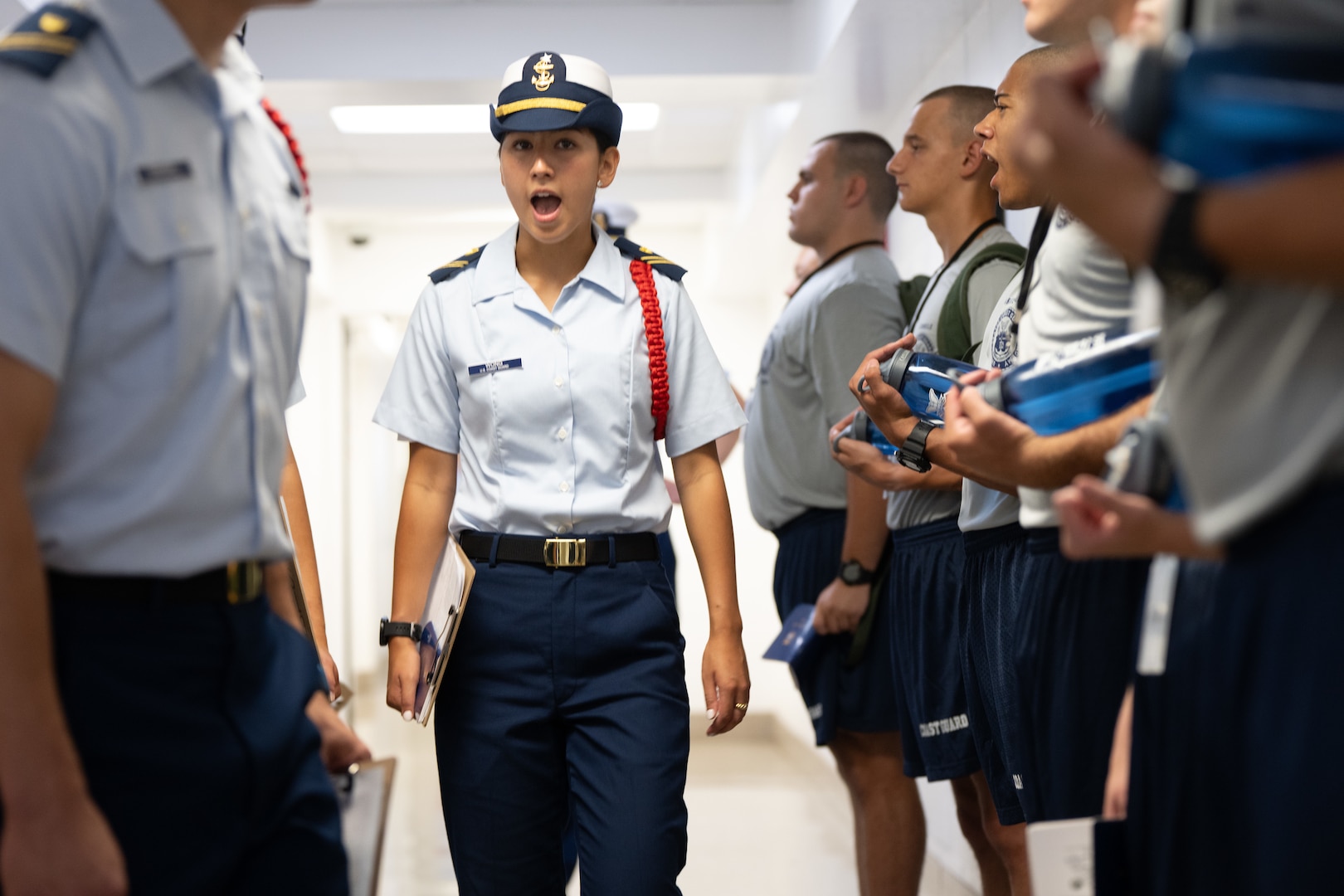 U.S. Coast Guard Academy (USCGA) cadet cadre give orders to the incoming Class of 2029 during Day One at USCGA, New London, Connecticut, June 30, 2025. Day One marks the beginning of a seven-week training program that transforms swabs into cadets. (U.S. Coast Guard photo by Petty Officer Second Class Janessa Warschkow.)