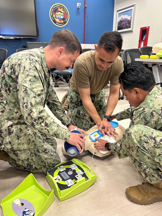 250604-N-TY711-7418 SIGONELLA, Italy. (June 4, 2025) Sailors and staff assigned to U.S. Navy Medicine Readiness and Training Command Sigonella participate in a Basic Life Support (BLS) training class, June 4, 2025. The BLS/CPR program equips medical personnel and lay responders across NMRTC Sigonella, NMRTU Bahrain, and Detachment Souda Bay with critical lifesaving skills. As part of Navy Medicine's commitment to operational readiness and expeditionary medical support, the program trained over 3,400 individuals in Fiscal Year 2024. (U.S. Navy photo by Lieutenant Commander Brandi Gibson)