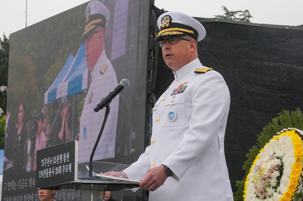 U.S. Navy Rear Adm. Neil Koprowski, Commander, U.S. Naval Forces Korea (CNFK), delivers a speech at the 75th Commemoration of the start of the Korean War at the United Nations Memorial Cemetery-Korea in Busan, South Korea, June 25, 2025.