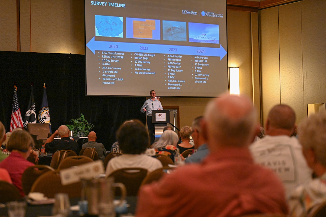 Dr. Andrew Pietruszka, Scripps Institution of Oceanography, gives a brief during the Defense POW/MIA Accounting Agency's Vietnam War Annual Government Briefing, Omaha, Nebraska, June 27, 2025.