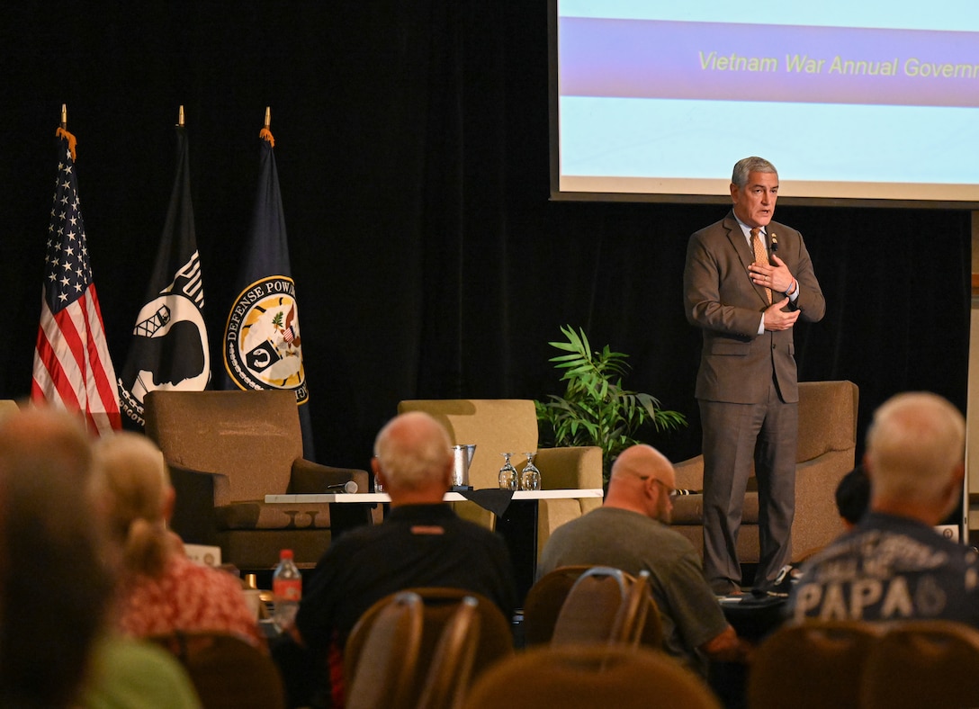 Kelly McKeague, Defense POW/MIA Accounting Agency director, gives a brief at DPAA's Vietnam War Annual Government Briefing, Omaha, Nebraska, June 27, 2025.