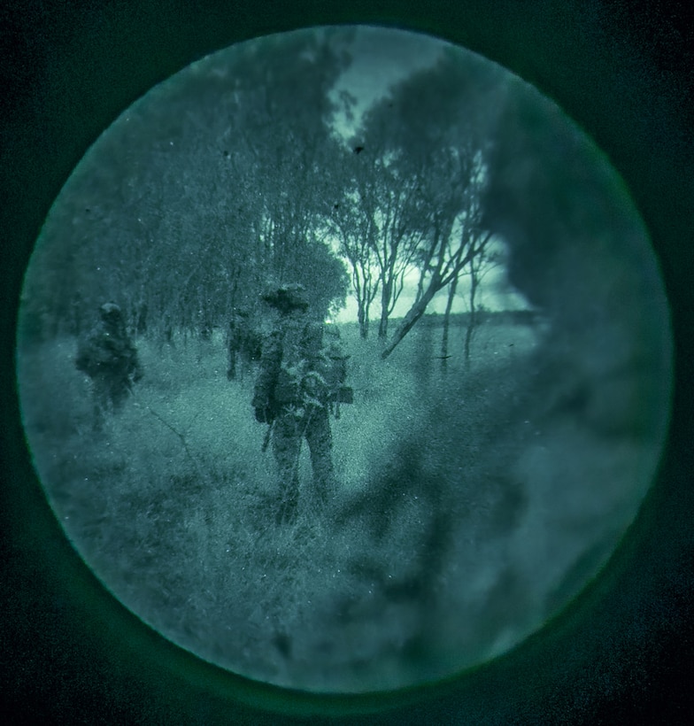 U.S. Marines with Animal Company, Battalion Landing Team 1st Battalion, 7th Marine Regiment, 31st Marine Expeditionary Unit, conduct a patrol through the forest during a simulated night raid at Shoalwater Bay training area, Queensland, Australia, June 26, 2025. The raid simulated employing Marines to rapidly capture and control objectives essential to operations. The 31st MEU is operating aboard the ships of the USS America Amphibious Ready Group in the 7th Fleet area of operations, the U.S. Navy’s largest forward deployed numbered fleet, and routinely interacts and operates with allies and partners in preserving a free and open Indo-Pacific region. (U.S. Marine Corps photo by Lance Cpl. Victor Gurrola)