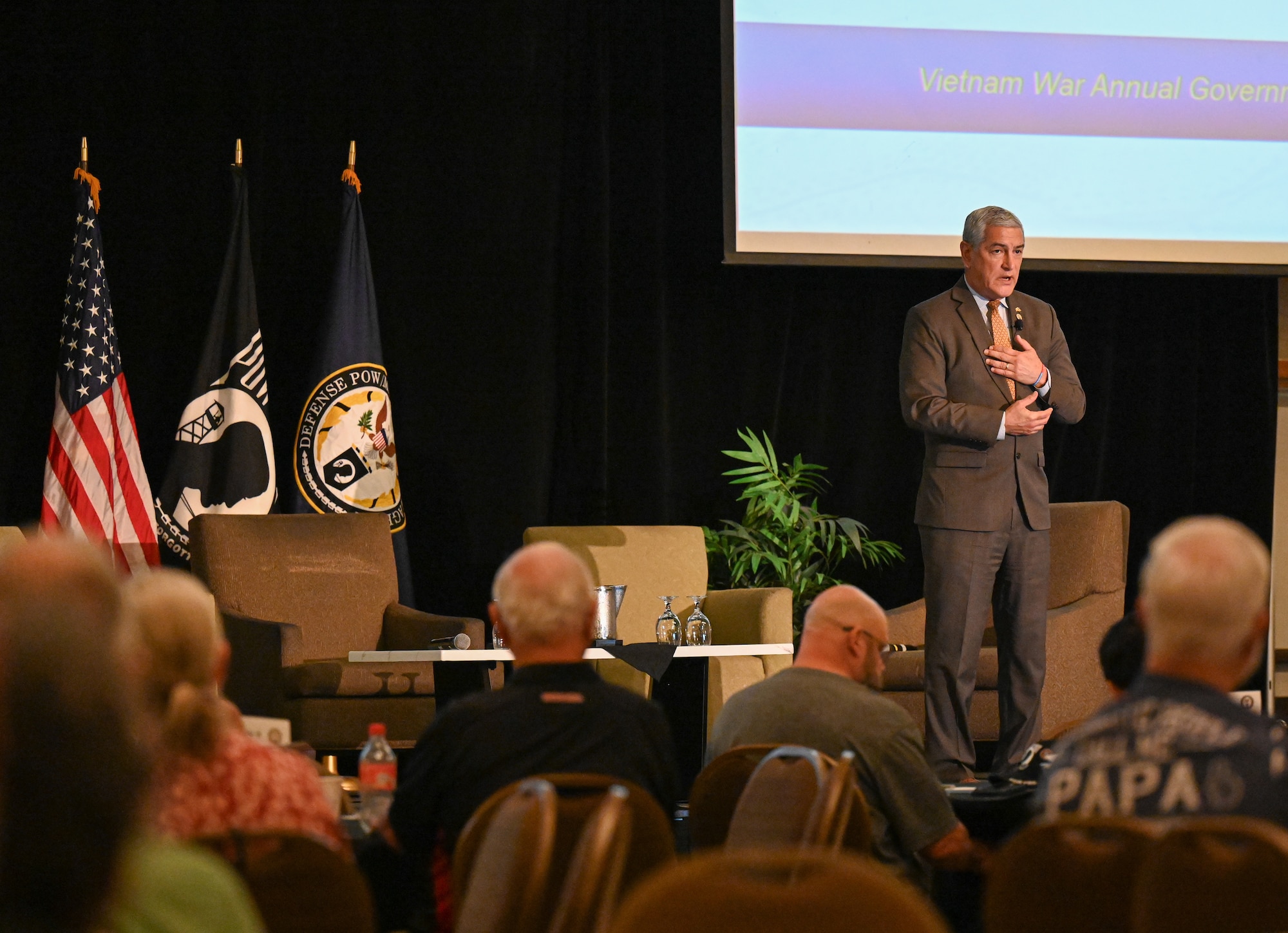 Kelly McKeague, Defense POW/MIA Accounting Agency director, gives a brief at DPAA's Vietnam War Annual Government Briefing, Omaha, Nebraska, June 27, 2025.