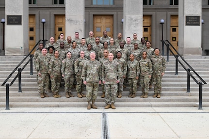 U.S. Army Lt. Gen. Paul A. Chamberlain, Military Deputy for Budget, Office of the Assistant Secretary of the Army for Financial Management and Comptroller, and U.S. Army Sgt. Maj. Terry L. Anderson Jr., Office of the ASA (FM&C) senior enlisted advisor, pose for a group photo with U.S. Army command sergeants major and sergeants major at the Pentagon, Arlington, Virginia, Feb. 11, 2025. (U.S. Army photo by Sgt. Joseph Spraktes)