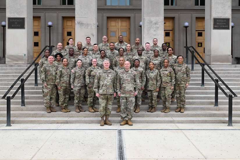 U.S. Army Lt. Gen. Paul A. Chamberlain, Military Deputy for Budget, Office of the Assistant Secretary of the Army for Financial Management and Comptroller, and U.S. Army Sgt. Maj. Terry L. Anderson Jr., Office of the ASA (FM&C) senior enlisted advisor, pose for a group photo with U.S. Army command sergeants major and sergeants major at the Pentagon, Arlington, Virginia, Feb. 11, 2025. (U.S. Army photo by Sgt. Joseph Spraktes)