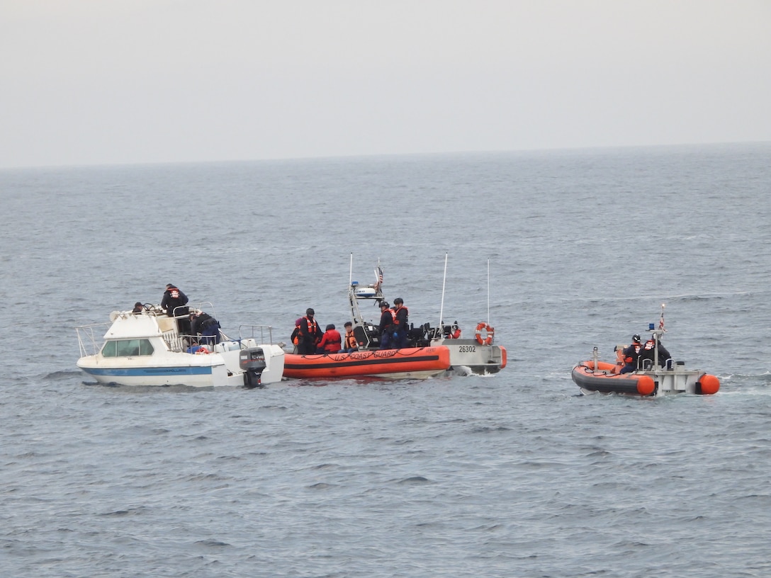 The crews of the Coast Guard Cutter Haddock and Cutter Forest Rednour interdicts 21 aliens aboard a 25-foot boat approximately 20 miles west of Point Loma, California, Feb. 28, 2025. The aliens were brought to Coast Guard Sector San Diego and transferred to U.S. Border Patrol personnel. (U.S. Coast Guard photo, courtesy Cutter Forest Rednour)