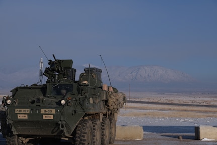 A M1126 Stryker with 1st Battalion, 12th Infantry Regiment, 2nd Stryker Brigade Combat Team, 4th Infantry Division, prepares to fire during Stryker Gunnery at Fort Carson, Colo., March 2022.  Units use gunnery qualifications to certify crews and weapon systems as part of efforts to ensure readiness.  U.S. Army photo by 1st Lt. John Fitzpatrick.