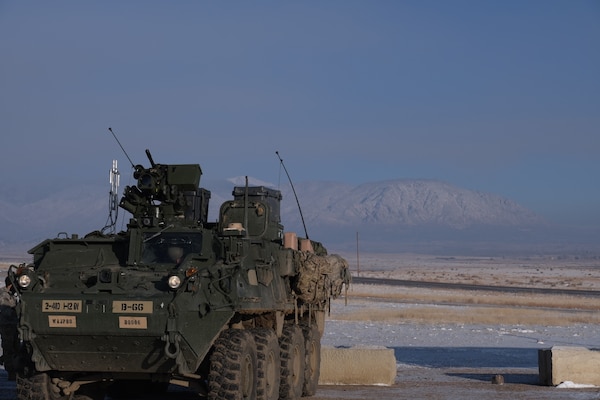 A M1126 Stryker with 1st Battalion, 12th Infantry Regiment, 2nd Stryker Brigade Combat Team, 4th Infantry Division, prepares to fire during Stryker Gunnery at Fort Carson, Colo., March 2022.  Units use gunnery qualifications to certify crews and weapon systems as part of efforts to ensure readiness.  U.S. Army photo by 1st Lt. John Fitzpatrick.
