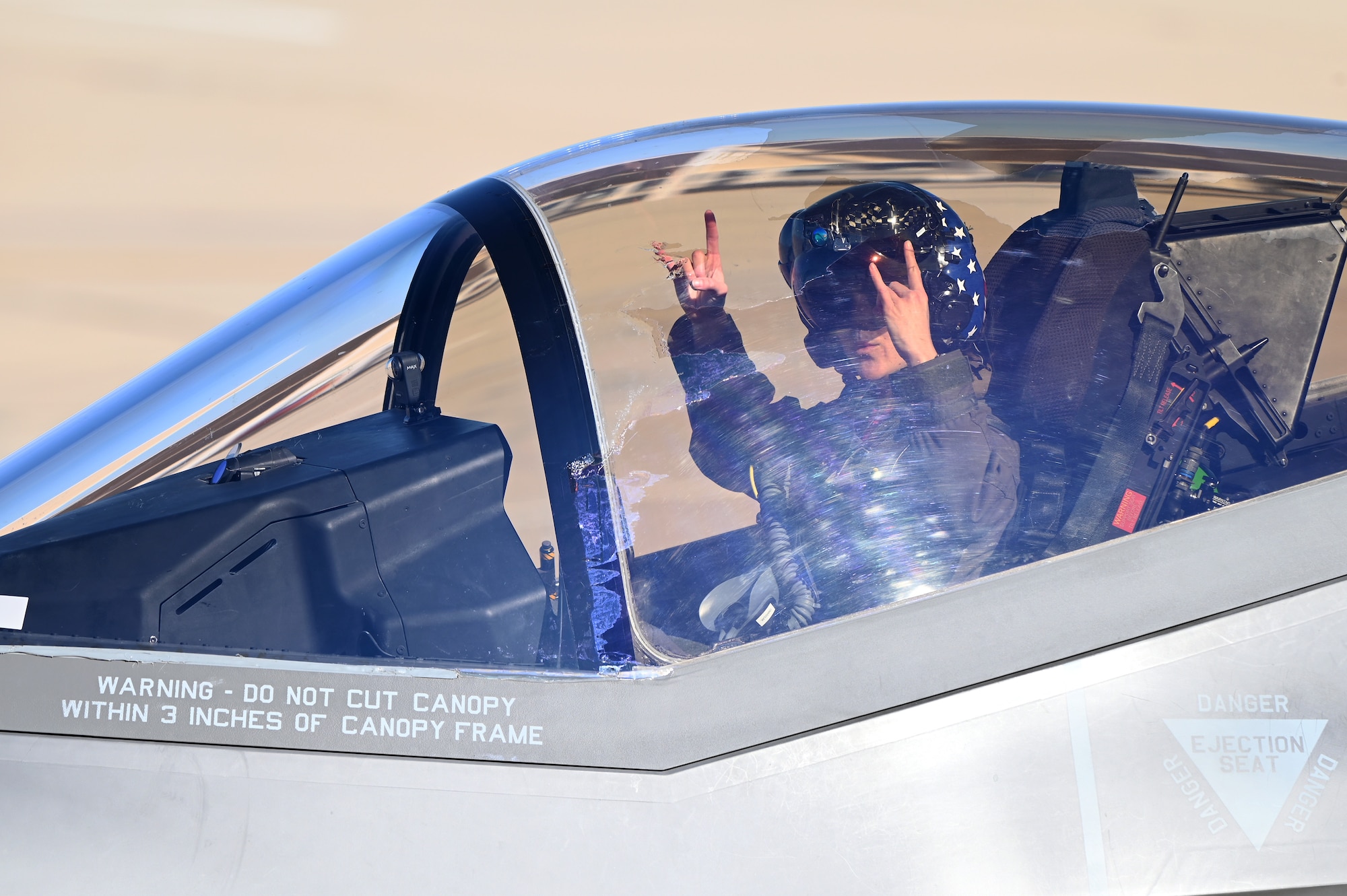U.S. Air Force Maj. Melanie “MACH” Kluesner, F-35 Demonstration Team commander and pilot, taxis on the runway before performing an aerial demonstration during the Heritage Flight Training Course at Davis-Monthan Air Force Base, Arizona, March 1, 2025. The Air Force Heritage Flight team consists of civilian pilots qualified to fly vintage warbirds in formation with modern Air Force Air Combat Command single-ship demonstration teams. (U.S. Air Force photo by Senior Airman Andrew Garavito)