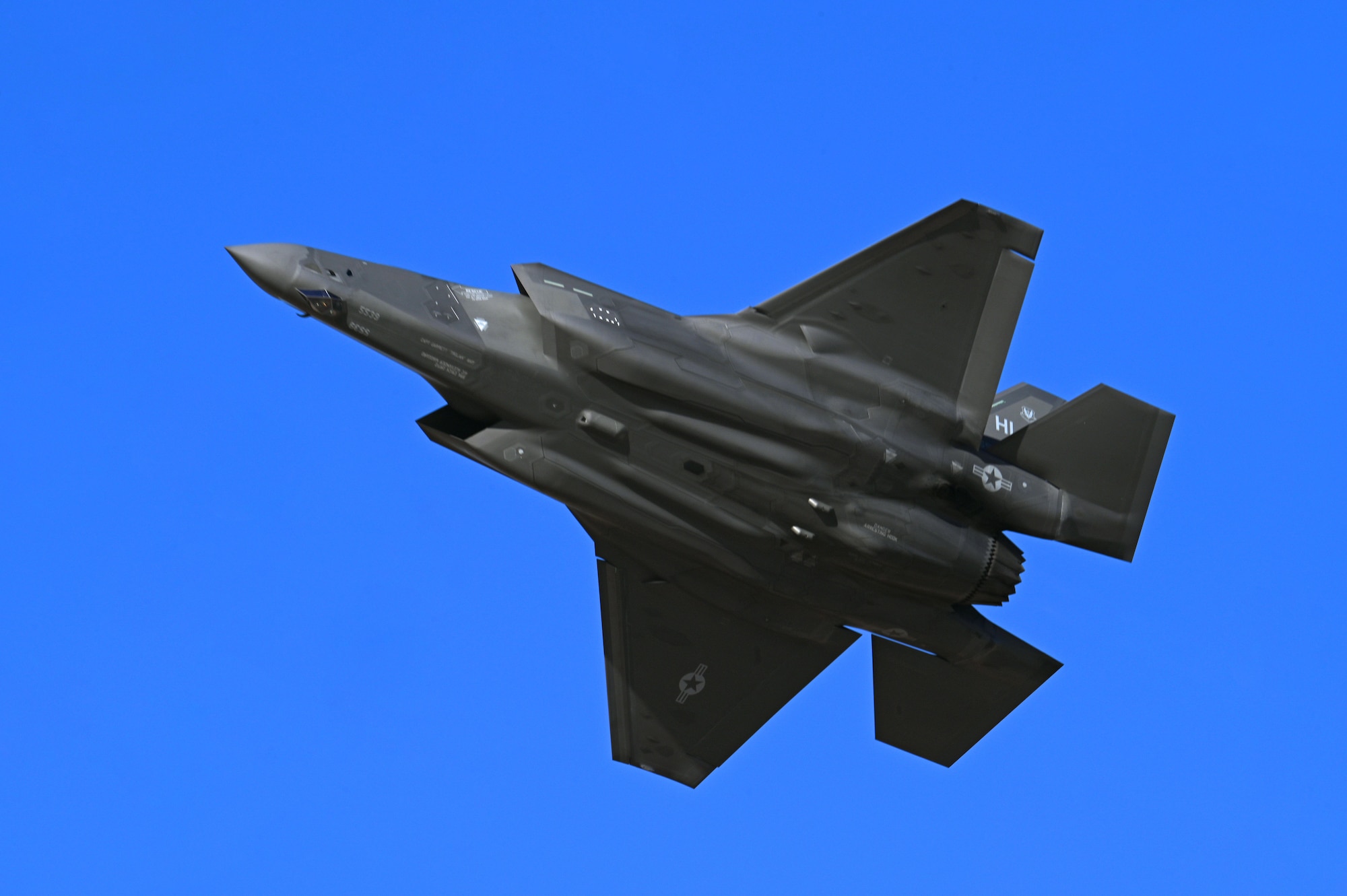 A U.S. Air Force F-35A Lightning II aircraft flies during the Heritage Flight Training Course at Davis-Monthan Air Force Base, Arizona, March 1, 2025. HFTC is an annual readiness event that prepares demonstration teams for the upcoming airshow season. (U.S. Air Force photo by Staff Sgt. Abbey Rieves)