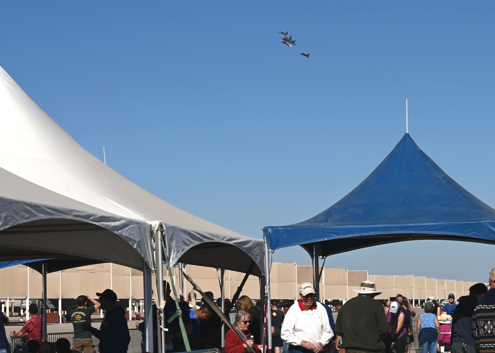 A heritage flight formation flies during the Heritage Flight Training Course at Davis-Monthan Air Force Base, Arizona, March 1, 2025. Heritage flights raise public awareness of the Air Force mission and commemorate its history. (U.S. Air Force photo by Staff Sgt. Abbey Rieves)