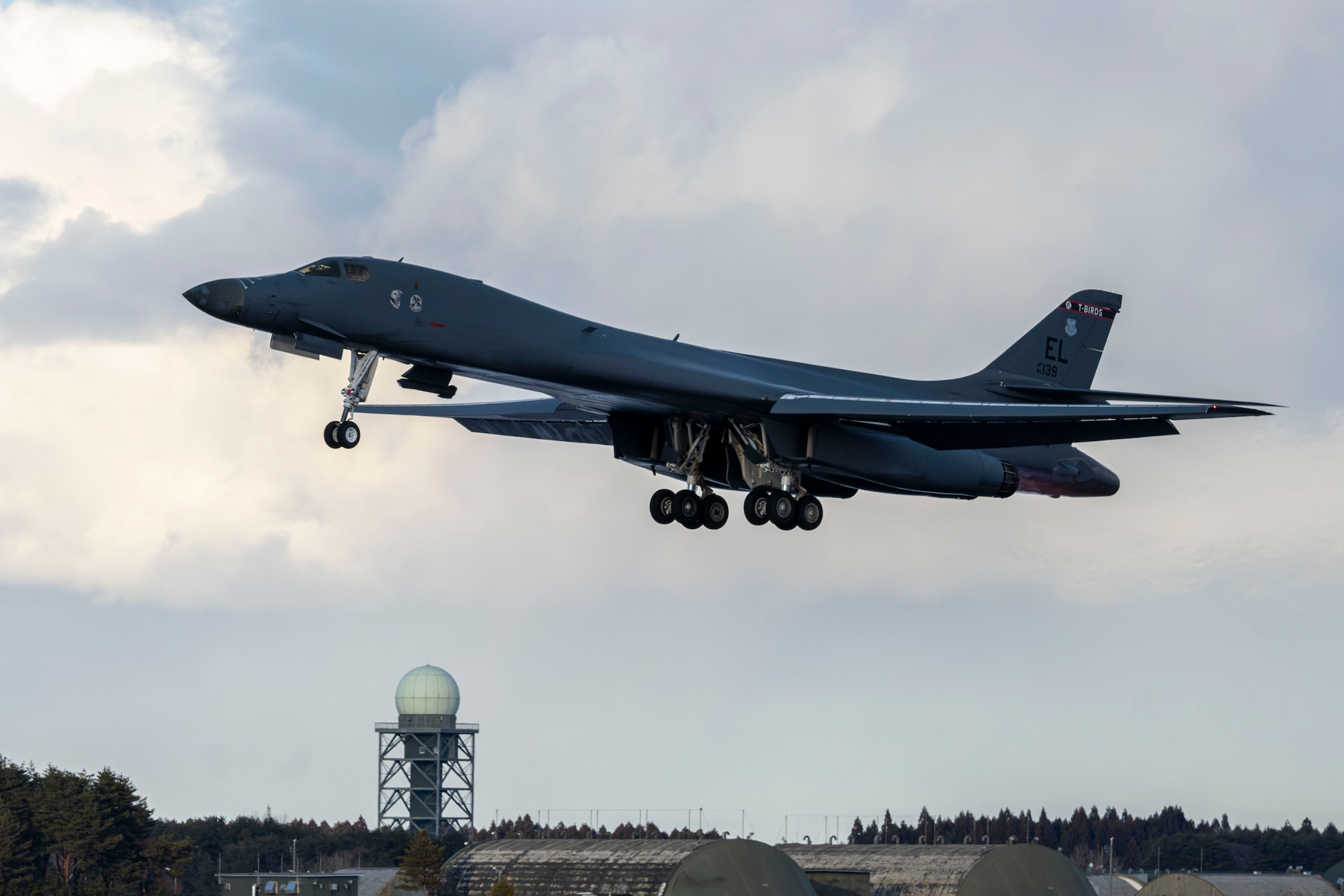A U.S. Air Force B1-Lancer assigned to the 34th Expeditionary Bomb Squadron takes off in support of Pacific Air Forces’ Bomber Task Force mission at Misawa Air Base, Feb. 20, 2025.