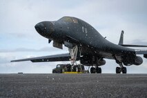 A U.S. Air Force B1-Lancer assigned to the 34th Expeditionary Bomb Squadron sits on a runway during post-flight maintenance in support of Pacific Air Forces’ Bomber Task Force mission at Misawa Air Base, Feb. 20, 2025.