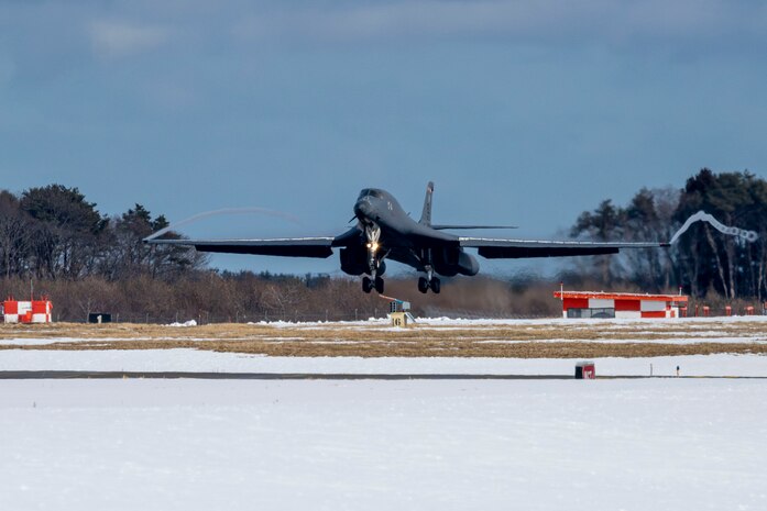 A U.S. Air Force B1-Lancer assigned to the 34th Expeditionary Bomb Squadron lands on a runway in support of Pacific Air Forces’ Bomber Task Force mission at Misawa Air Base, Feb. 20, 2025.